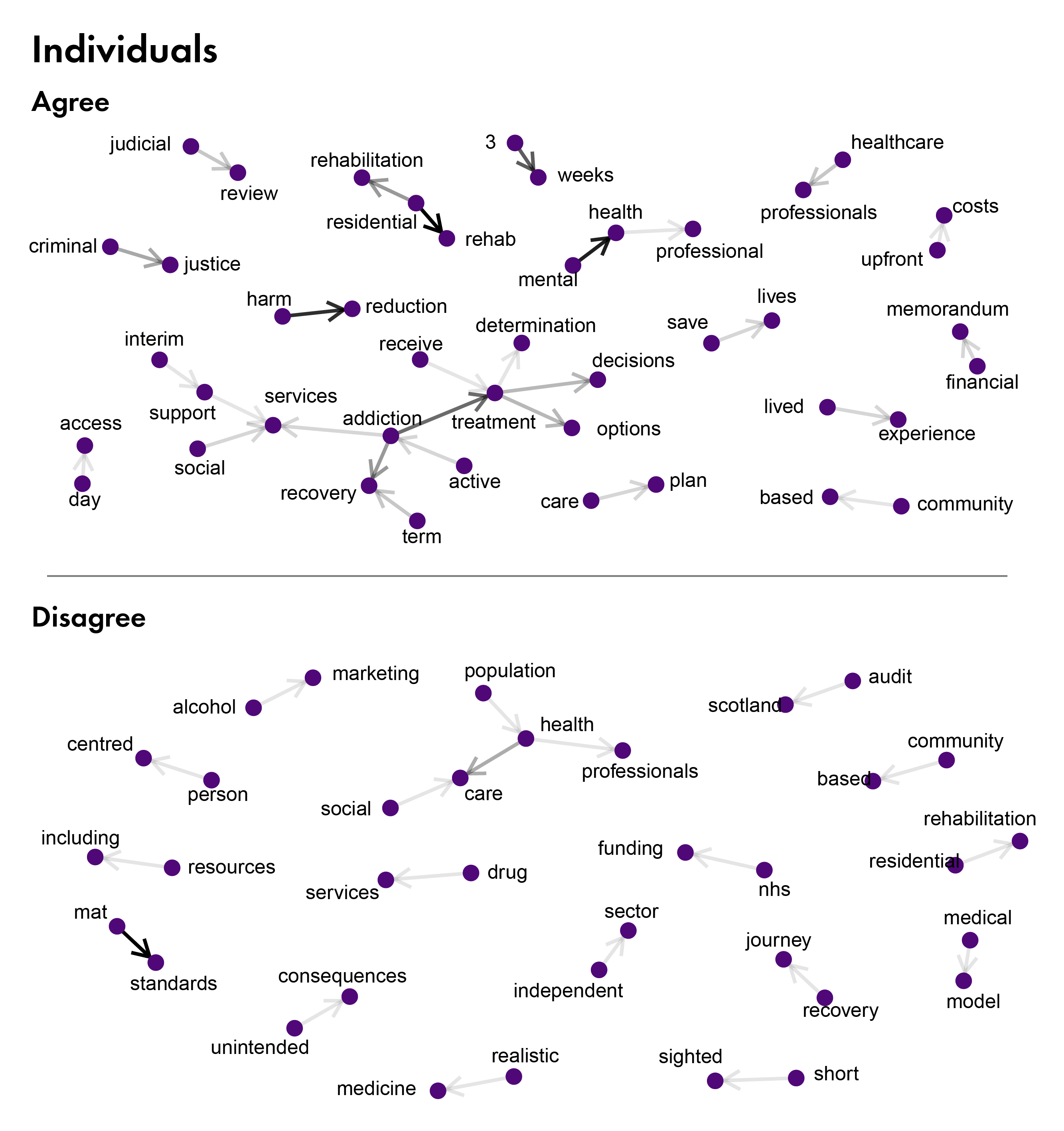 Network diagram showing themes and links between themes for those who agree and disagree with the purpose and extent of the Bill.